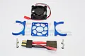 GPM Racing blue aluminium motor heat sink kit with cooling fan, mounting brackets, screws, and a power adapter cable on a white background.