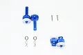 A set of four blue anodized aluminium magnetic RC body posts with white magnetic caps, two small screws, and two metal R-clips on a white background.