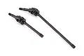 Two black metal RC driveshafts with universal joints, shown at an angle against a white background.