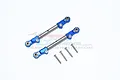 Two blue GPM Racing adjustable aluminium steering linkages with silver metal rods and four mounting screws on a white background.