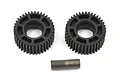 Two black plastic idler gears and one metal shaft for a Team Losi Racing RC car on a white background.