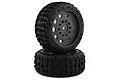 Two ARRMA Katar 2.4 inch all-road RC tyres pre-mounted on black multi-spoke wheels, stacked vertically against a white background.