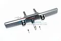 GPM Racing grey aluminium rear bumper for RC cars with two black D-rings, a central drop hitch, and two mounting screws on a white background.