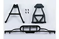 Killerbody 1/10 scale short course truck rear bumper assembly parts including a bumper, two support brackets, and four small screws on a white background.