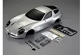 Killerbody 1/10 scale Alfa Romeo TZ3 Corsa silver painted RC car body shell with included plastic accessories, clips, and adhesive tape on a grey background.