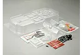 Killerbody 1/10 scale touring car cockpit set including clear plastic interior parts, decals, and small hardware components.