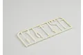 A plastic sprue containing miniature scale model tools including a hammer, saw, and pliers in an off-white color.