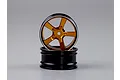 Two Killerbody 1.9 inch RC car rims featuring a five-spoke gold design with black outer barrels against a grey background.