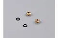 Two gold-anodized aluminium LED light holders and two black rubber O-rings on a grey background.