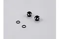 Two black aluminium 5mm LED light holders and two small black rubber O-rings on a plain grey background.