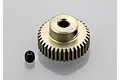A 37T 64dp pinion gear made of gold-toned metal, shown with a small black grub screw on a light grey background.