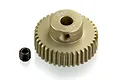 A gold-colored 39T 64dp pinion gear with a small black grub screw, isolated on a white background.