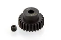 A black 24-tooth 48-pitch RC pinion gear with a small grub screw sitting on a white background.