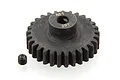 A black metal 29T 1Mod pinion gear with a small grub screw, isolated on a white background.