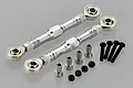 Two silver aluminium RC steering turnbuckles with rod ends, accompanied by four black screws, four metal spacers, and four black nylon lock nuts.