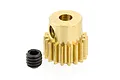 A brass 18-tooth pinion gear for RC cars with a separate black grub screw, isolated on a white background.