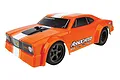 Team Associated DR28 1/28 scale RC drag car in orange with white racing stripes and black wheels on a white background.