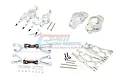 A collection of silver aluminium RC car upgrade parts including suspension arms, steering knuckles, and hardware on a white background.