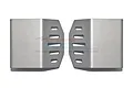 Two silver stainless steel gearbox skid plates for an RC car, featuring a vented design with five slots on each piece.