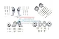 A set of GPM Racing grey aluminium portal drive components, including C-hubs, gearbox mounts, and various screws, arranged on a white background.