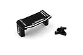 A black aluminium servo mount for Tamiya TT02 by Yeah Racing, shown with a set of black mounting screws on a white background.