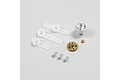 Spektrum servo parts set including three white plastic servo arms, two metal gears, and three small metal screws on a light grey background.