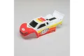 A pre-painted white, red, and yellow Losi Mini-T 2.0 RC stadium truck body shell viewed from a high angle.