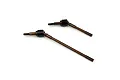 Two brown metal RC front driveshafts with black universal joints on a white background.