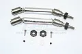 Two silver GPM Racing RC front universal CVD drive shafts with black wheel hexes, small screws, and white shims on a white background.