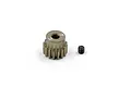 A Yeah Racing 16T 0.6Mod pinion gear made of hard-coated aluminium, shown next to a small black grub screw on a white background.