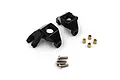 A pair of black aluminium steering hubs for an RC car, accompanied by four small brass bushings and four silver screws on a white background.