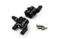 Two black aluminium C-hubs for RC cars with Yeah Racing branding and three included mounting screws on a white background.
