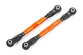 Two orange anodized aluminium turnbuckles with black plastic rod ends and metal pivot balls, isolated on a white background.