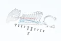 GPM Racing silver aluminium motor mount set including three main metal components and a collection of small mounting screws on a white background.