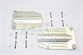 Two silver aluminium centre skid plates for RC cars with included screws and small white spacers on a white background.