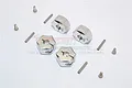 Four silver aluminium wheel hex adapters with matching pins and screws on a white background.