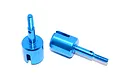Two bright blue anodized aluminium RC wheel axles with threaded shafts and slotted drive cups, isolated on a white background.