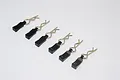 Six black RC body clips with easy-pull plastic tabs arranged in a diagonal line on a white background.