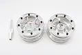 Two silver 6-spoke aluminium beadlock rims for RC crawlers with a small silver tool on a white background.