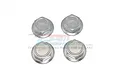 Four silver aluminium flanged serrated wheel nuts for RC cars by GPM Racing, arranged in a square formation on a white background.