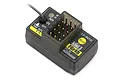 FlySky FS-FGR4B 4-channel micro receiver for RC models, featuring a black plastic case with gold-plated connection pins and yellow labels.