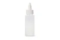 A clear, empty plastic mixing bottle with a white screw-on cap and pointed nozzle, isolated against a white background.