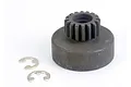 A Traxxas 16T clutch bell for RC vehicles, shown with two small metal e-clips on a white background.