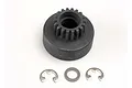A Traxxas 18T clutch bell for 1/10 scale RC vehicles, shown with two E-clips and a washer on a white background.