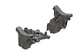 Two grey ARRMA RC car bulkhead and shock tower components shown from different angles against a white background.