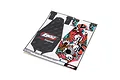 A sheet of pre-cut Losi Mini-B chassis protective tape featuring two main decals, one black with Losi branding and one with a colorful skull and gear graphic.