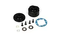TLR HD differential housing set including black plastic case, cover, four screws, two metal washers, two clear plastic shims, and a blue paper gasket.