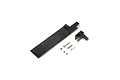 Pro Boat rudder assembly set including a black metal rudder blade, mounting bracket, and various small screws and nuts on a white background.