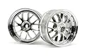 Two shiny chrome-finished RC car rims with a multi-spoke design, shown against a plain white background.