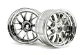Two shiny chrome-plated RC car rims with a multi-spoke design, viewed from different angles against a white background.
